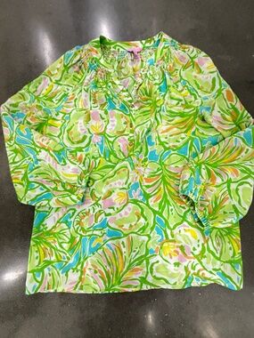 Lilly Pulitzer 100% silk blouse sz XL floral multicolor green pink yellow *flaw